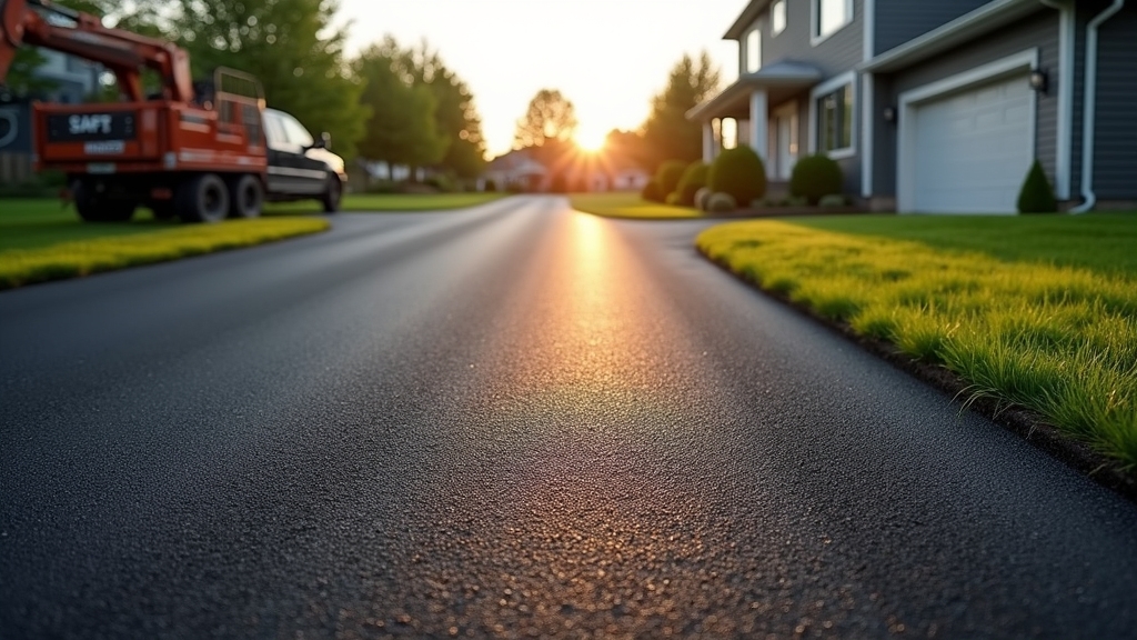 A freshly paved asphalt driveway stretches from the street